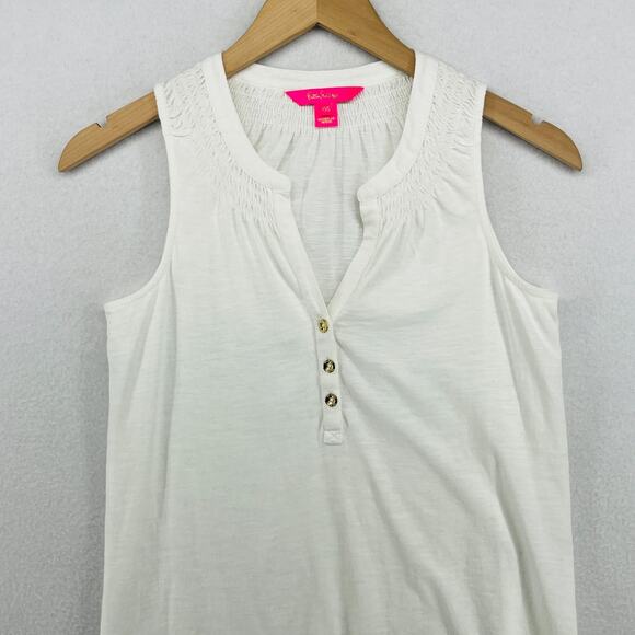 LILLY PULITZER Tank Top 2XS Essie Popover Smocked Palm Beach Slub Cotton White - Picture 3 of 15